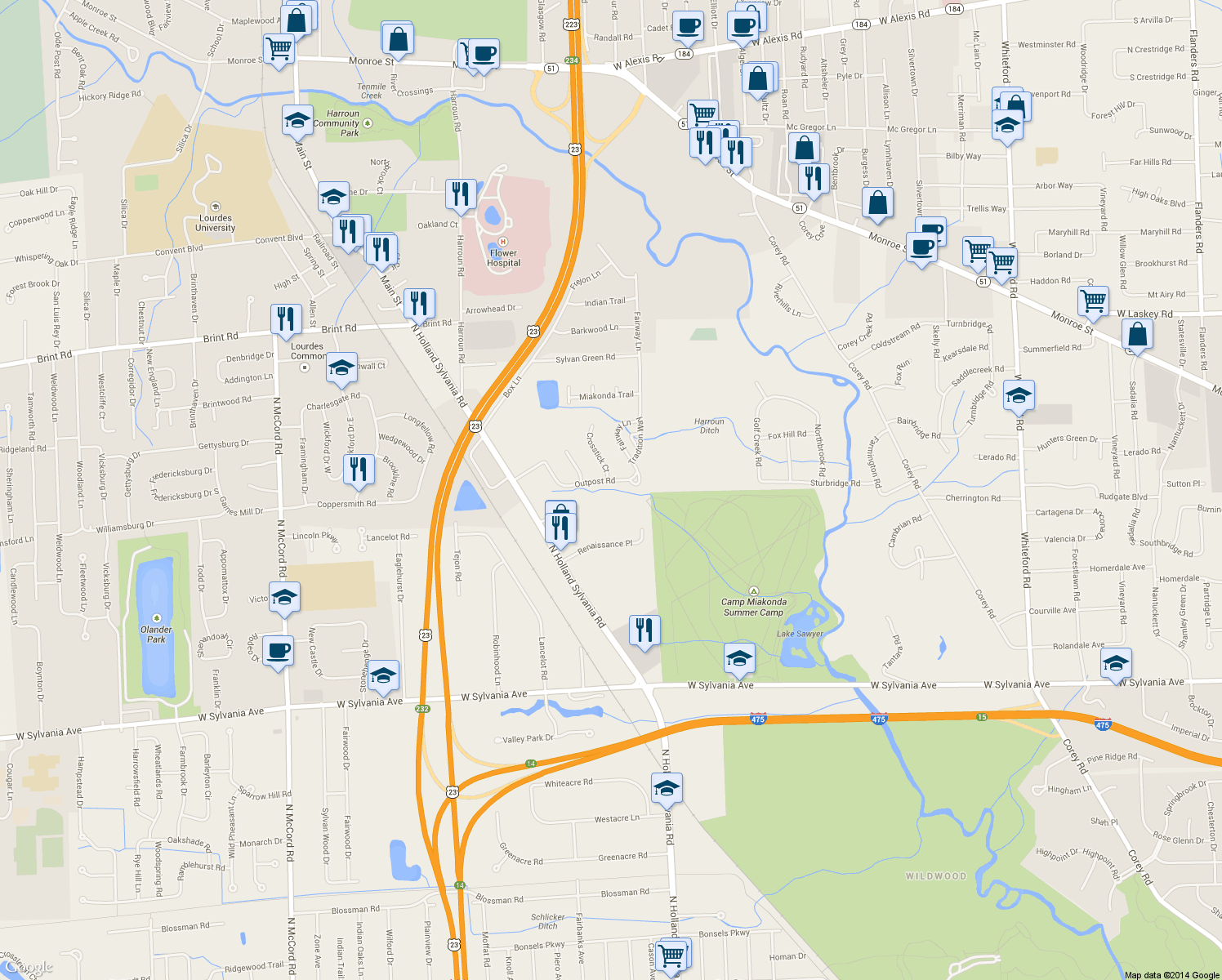 map of restaurants, bars, coffee shops, grocery stores, and more near 5959 Outpost Road in Sylvania