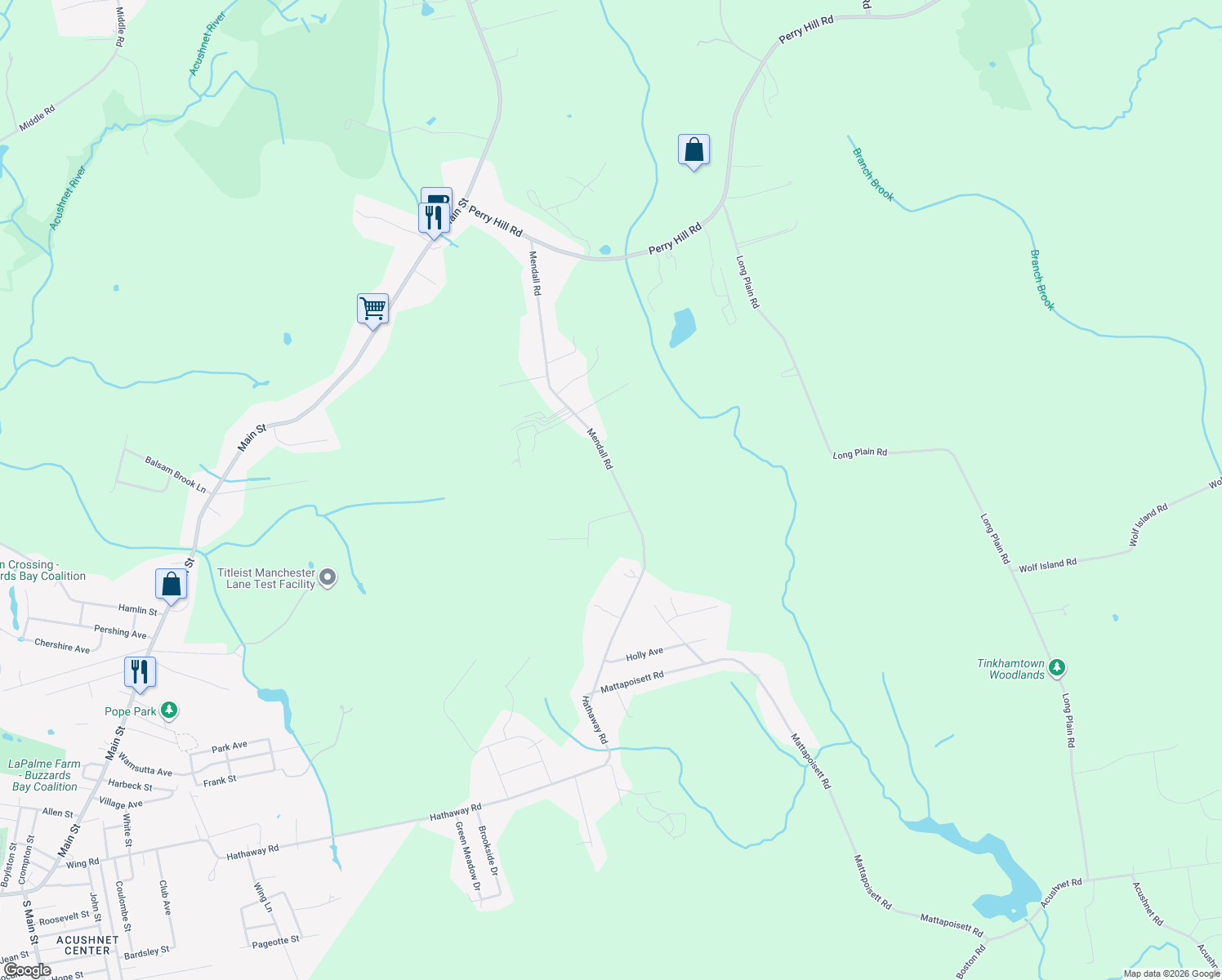 map of restaurants, bars, coffee shops, grocery stores, and more near 206 Mendall Rd in Acushnet