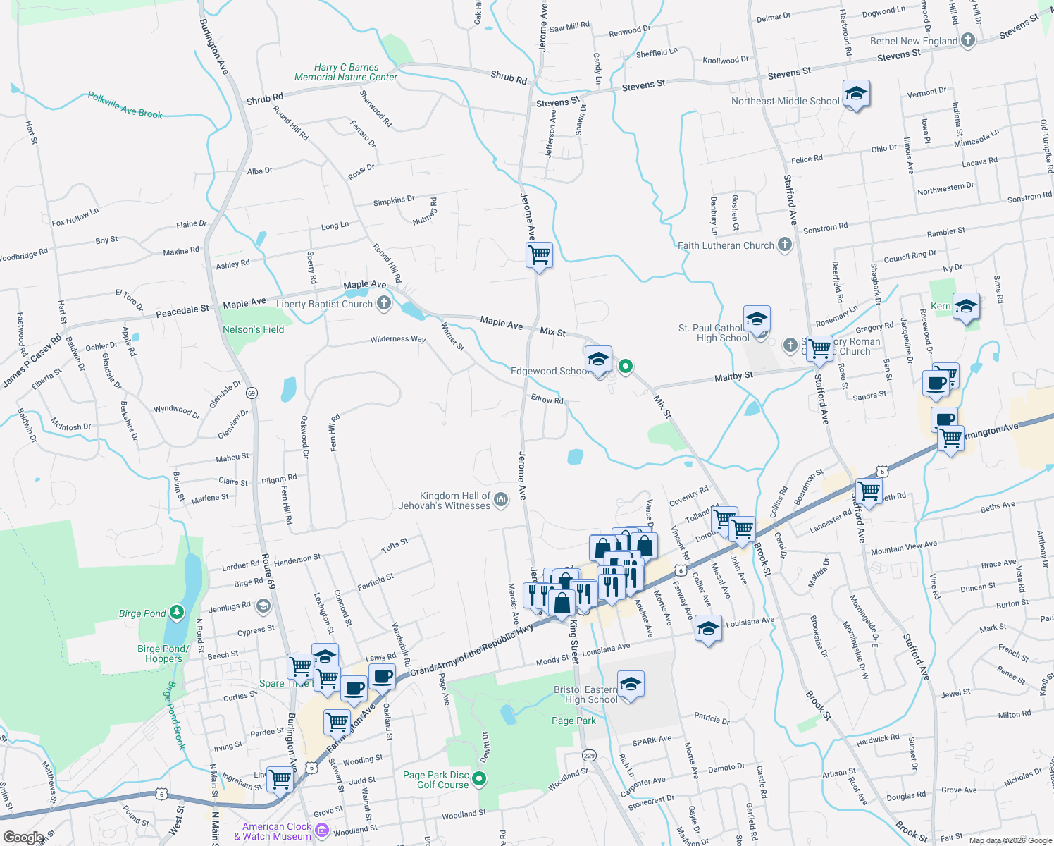 map of restaurants, bars, coffee shops, grocery stores, and more near 330 Jerome Avenue in Bristol