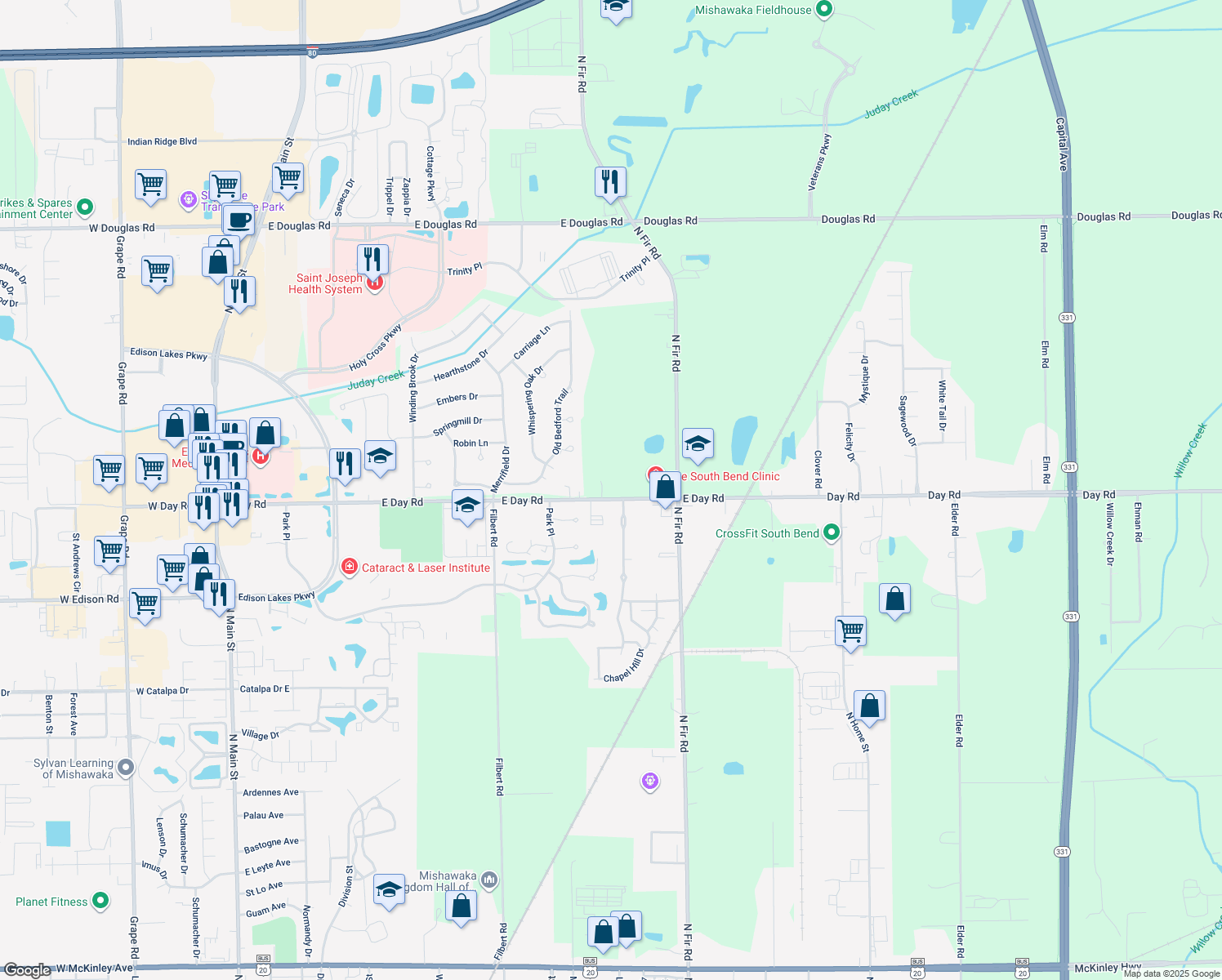 map of restaurants, bars, coffee shops, grocery stores, and more near 1620 East Day Road in Mishawaka