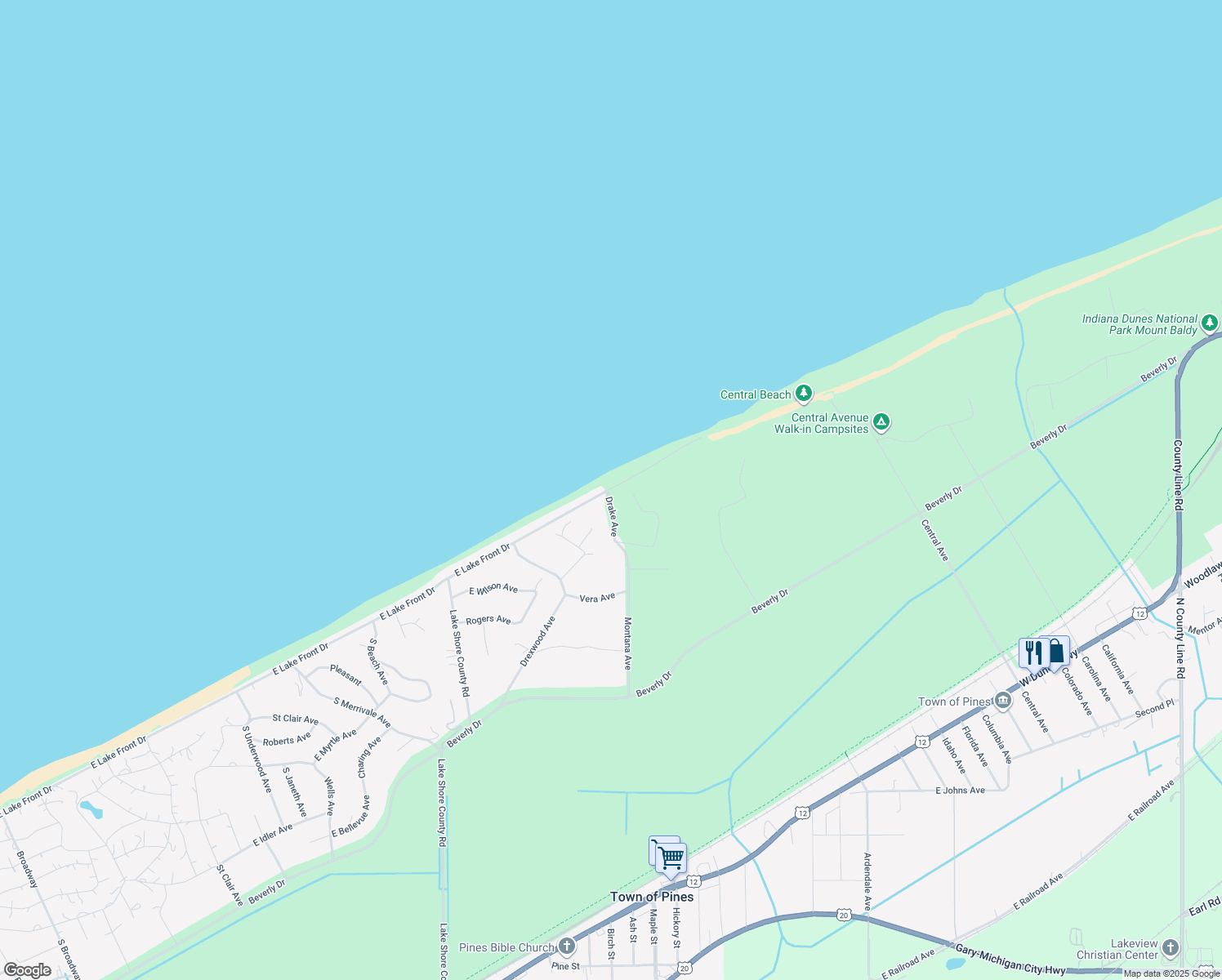 map of restaurants, bars, coffee shops, grocery stores, and more near 903 East Lake Front Drive in Michigan City