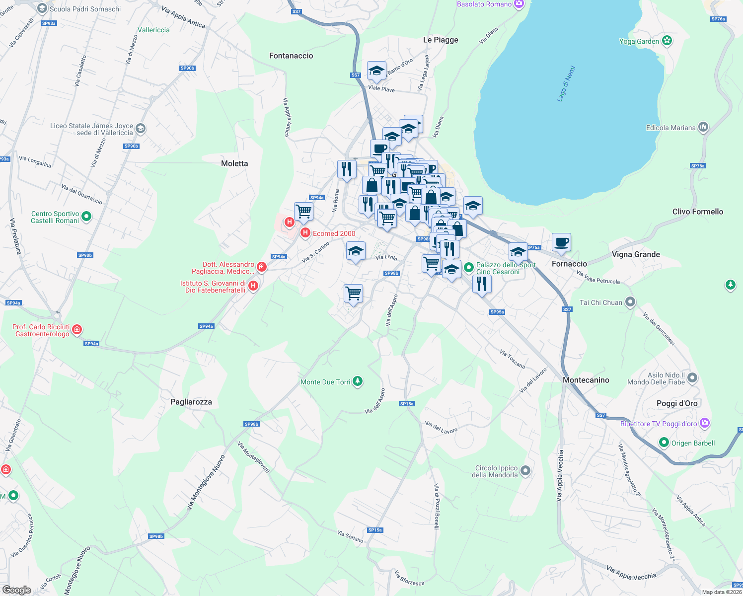 map of restaurants, bars, coffee shops, grocery stores, and more near 26 Via Monte Giove in Genzano di Roma