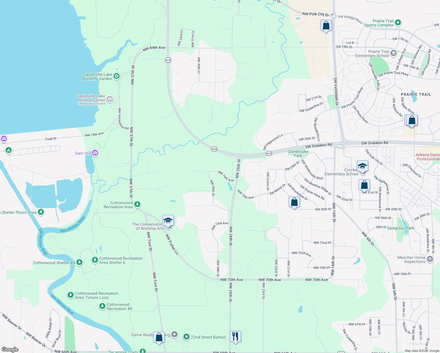 map of restaurants, bars, coffee shops, grocery stores, and more near 2718 Northwest 76th Avenue in Ankeny