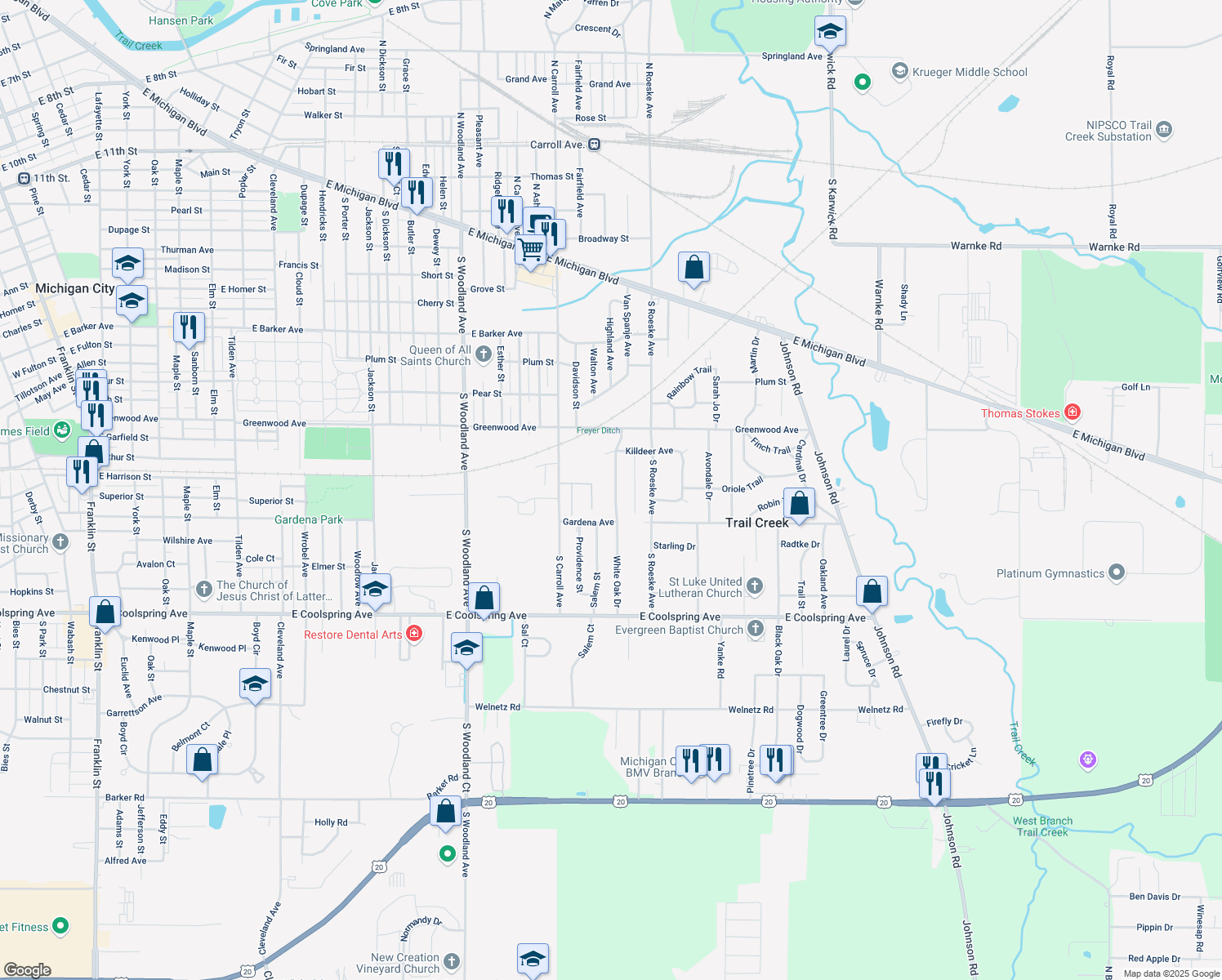 map of restaurants, bars, coffee shops, grocery stores, and more near 304 White Oak Dr in Michigan City