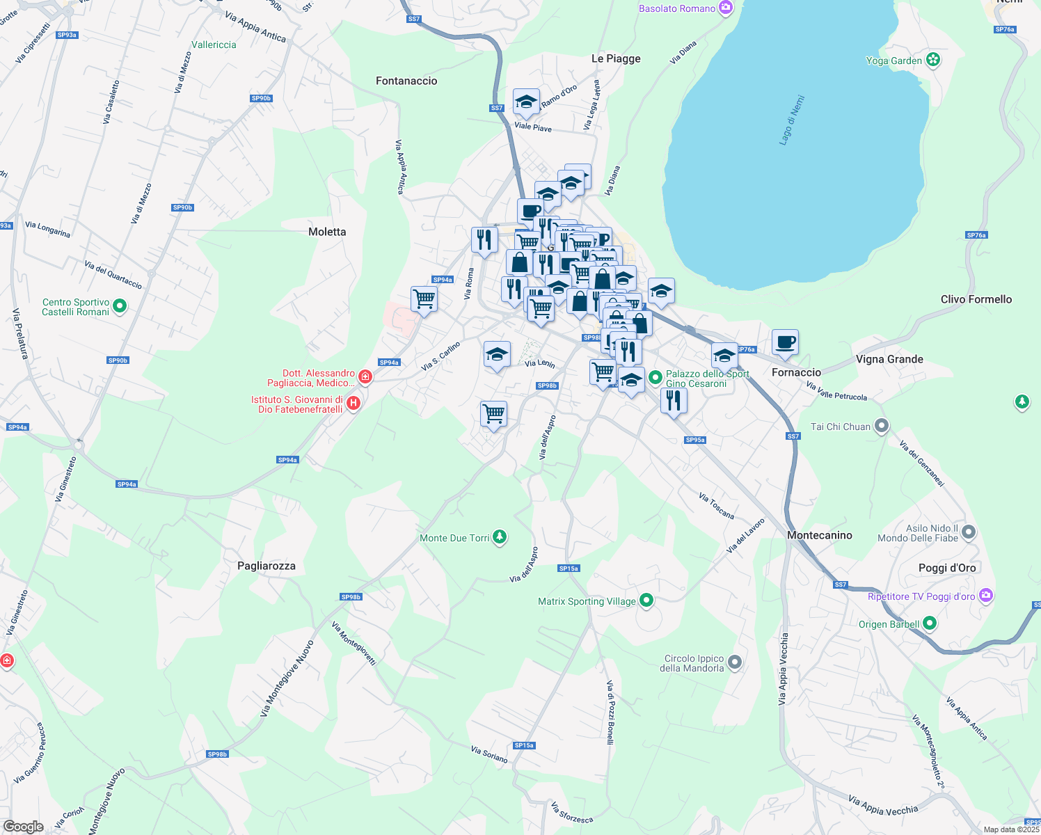 map of restaurants, bars, coffee shops, grocery stores, and more near 26 Via Monte Giove in Genzano di Roma