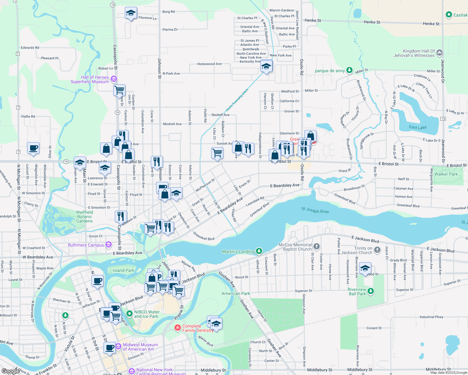 map of restaurants, bars, coffee shops, grocery stores, and more near 907 Lilac St in Elkhart