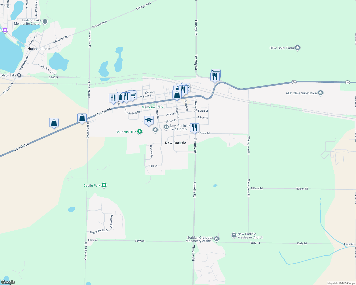 map of restaurants, bars, coffee shops, grocery stores, and more near 117 Lynn Dee Court in New Carlisle