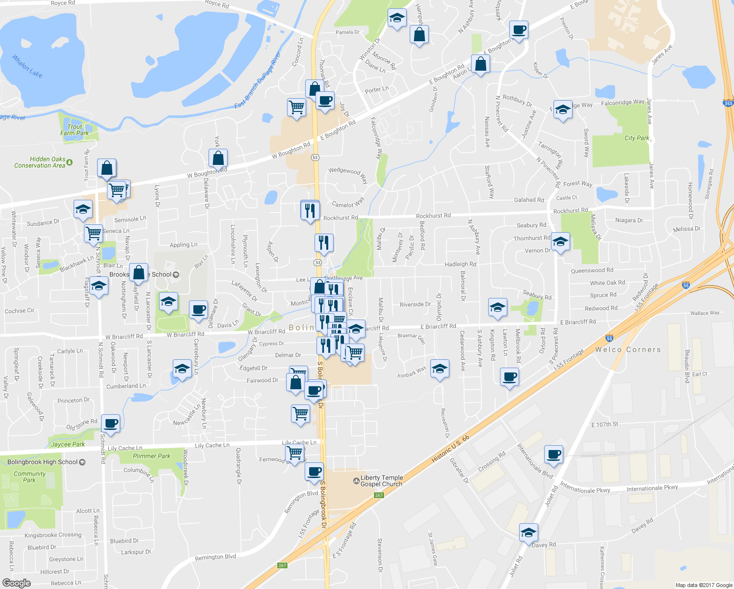map of restaurants, bars, coffee shops, grocery stores, and more near 146 Enclave Circle in Bolingbrook