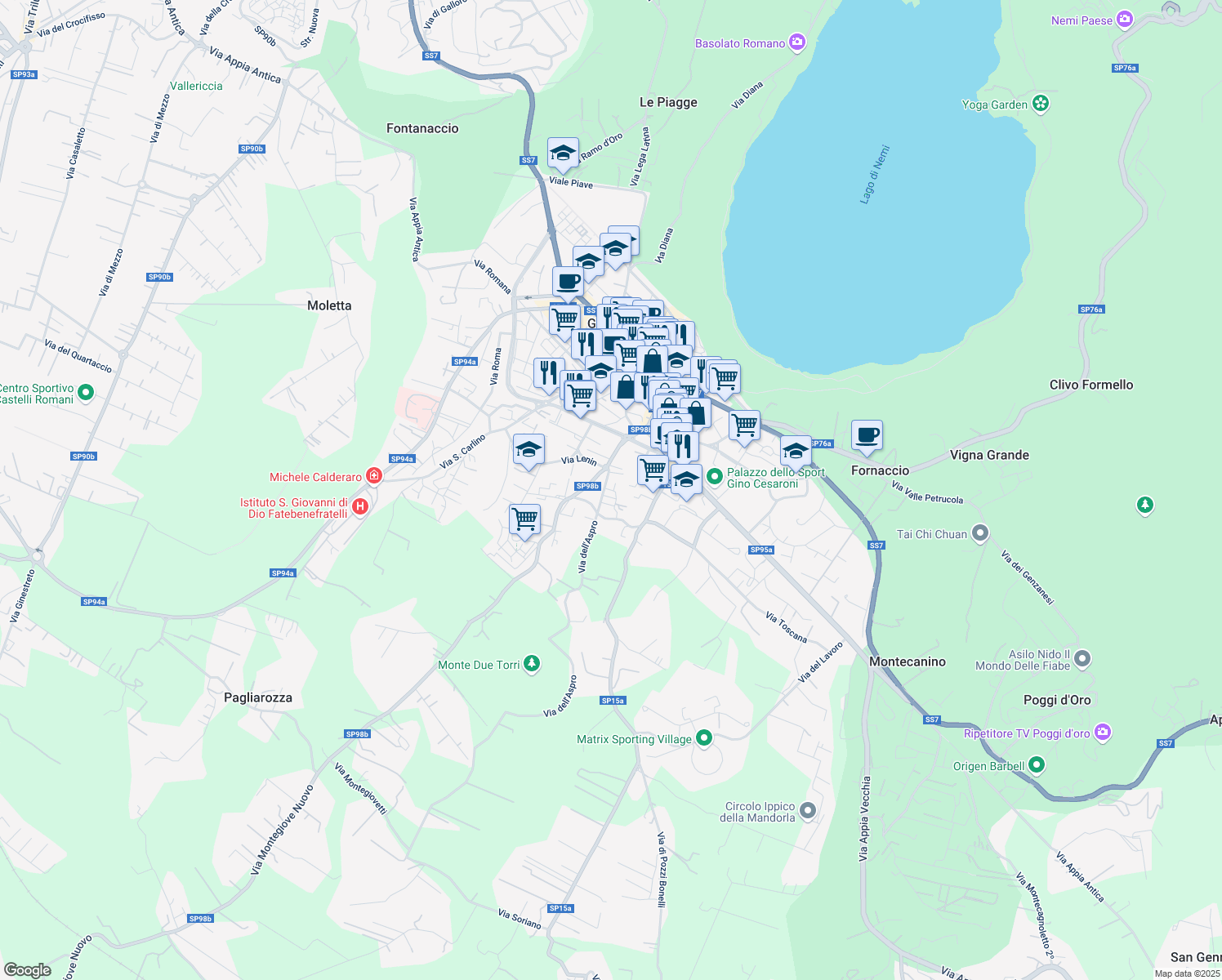 map of restaurants, bars, coffee shops, grocery stores, and more near 9 Via Aspro in Genzano di Roma