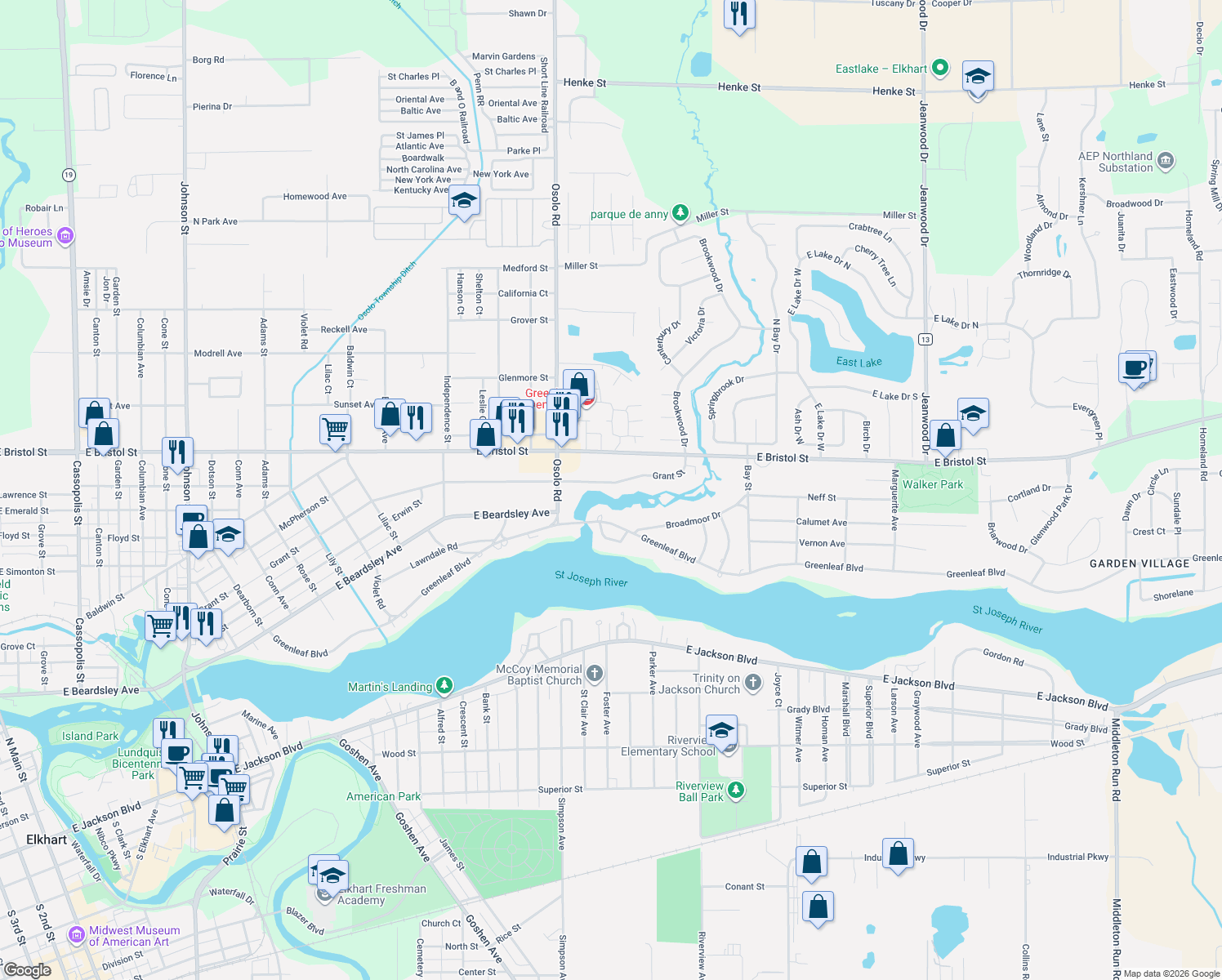 map of restaurants, bars, coffee shops, grocery stores, and more near 2035 Grant St in Elkhart