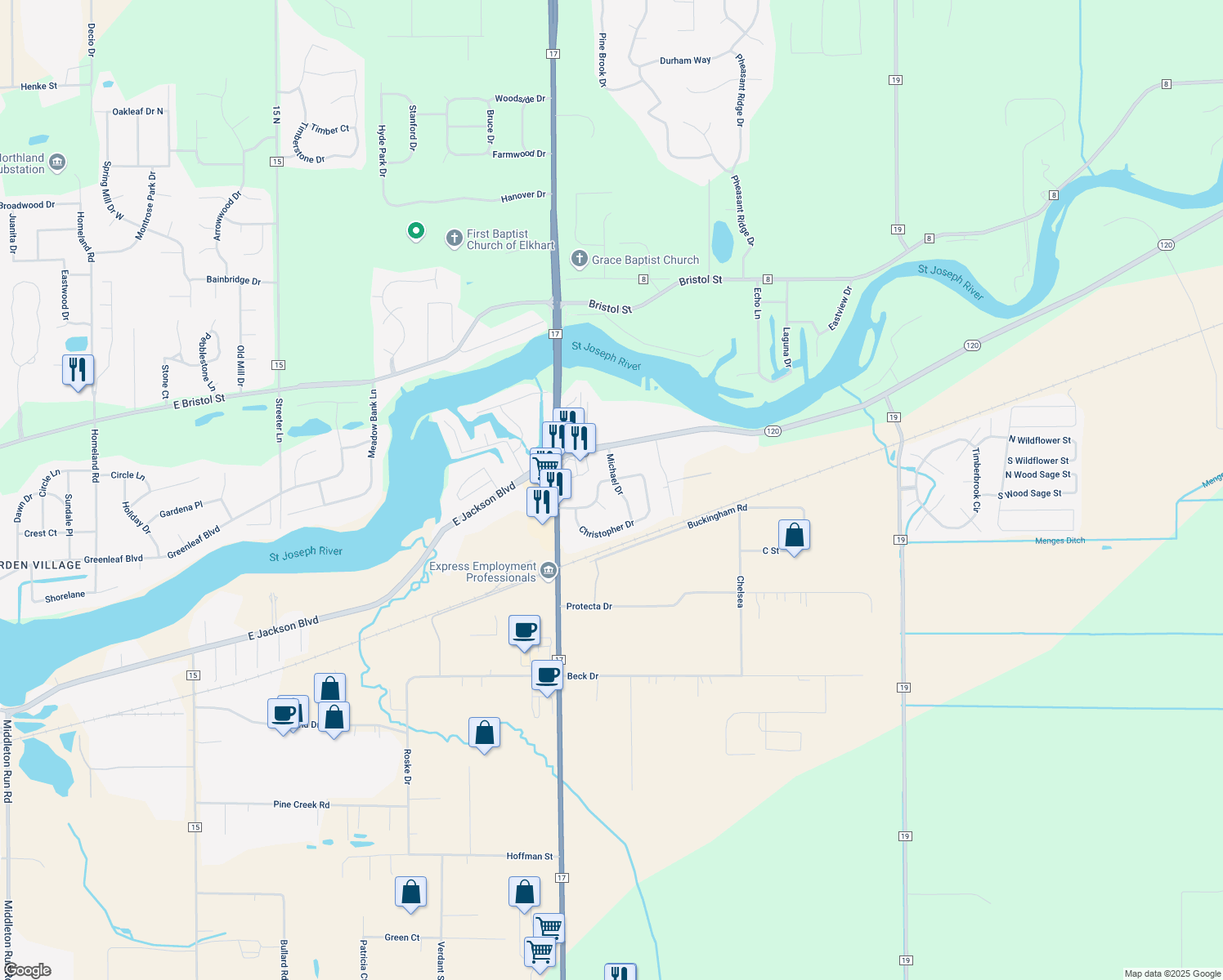 map of restaurants, bars, coffee shops, grocery stores, and more near 54607 Michael Drive in Elkhart