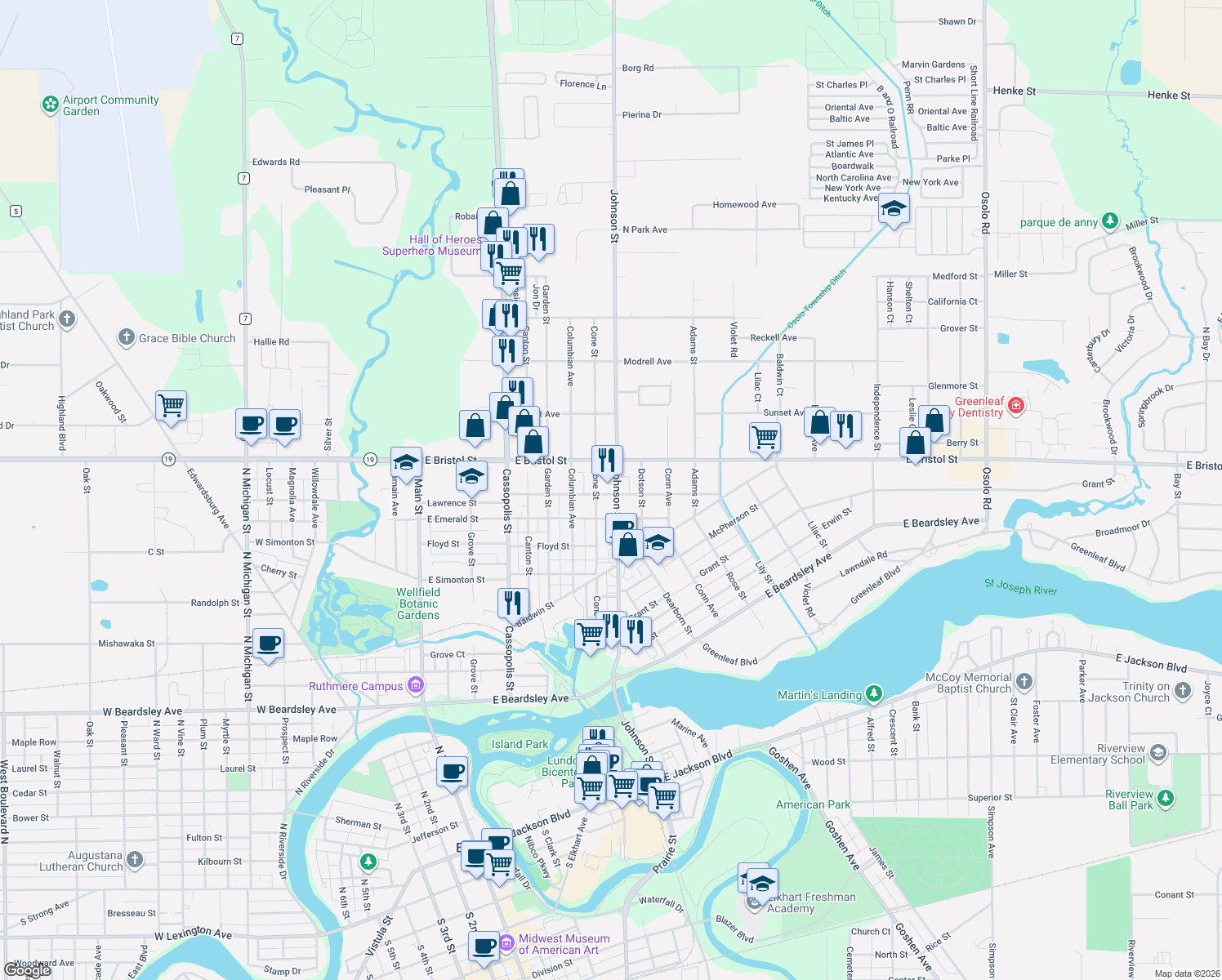 map of restaurants, bars, coffee shops, grocery stores, and more near 1401 Johnson St in Elkhart