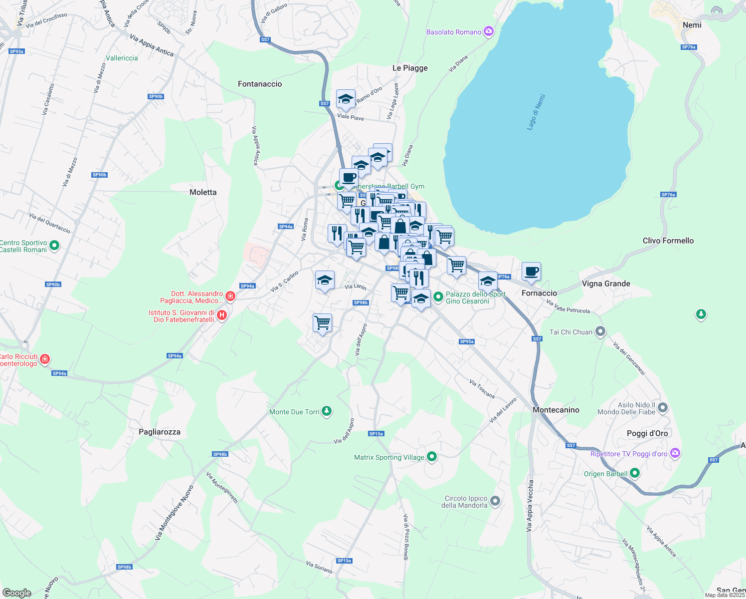 map of restaurants, bars, coffee shops, grocery stores, and more near 9 Via dell'Aspro in Genzano di Roma