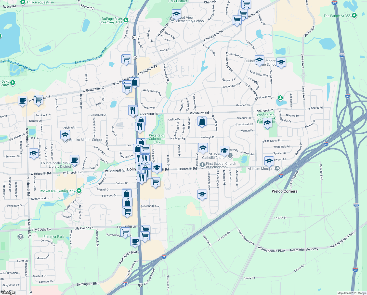 map of restaurants, bars, coffee shops, grocery stores, and more near 157 Bedford Rd in Bolingbrook