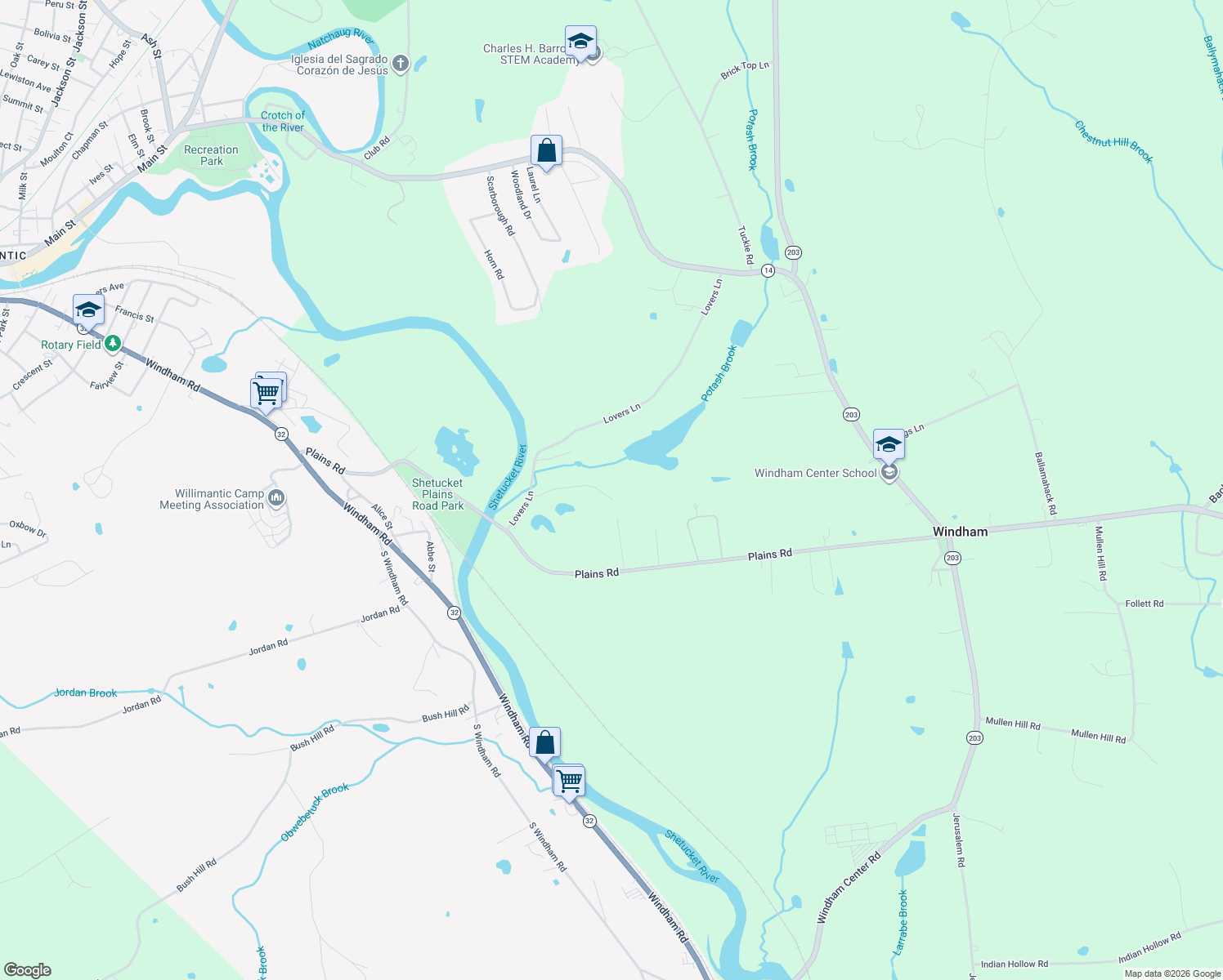 map of restaurants, bars, coffee shops, grocery stores, and more near 48 Sycamore Terrace in Windham