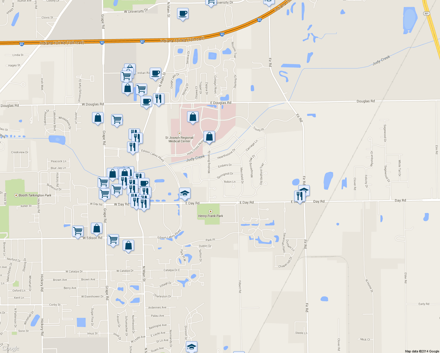 map of restaurants, bars, coffee shops, grocery stores, and more near 15656 Springmill Dr in Mishawaka