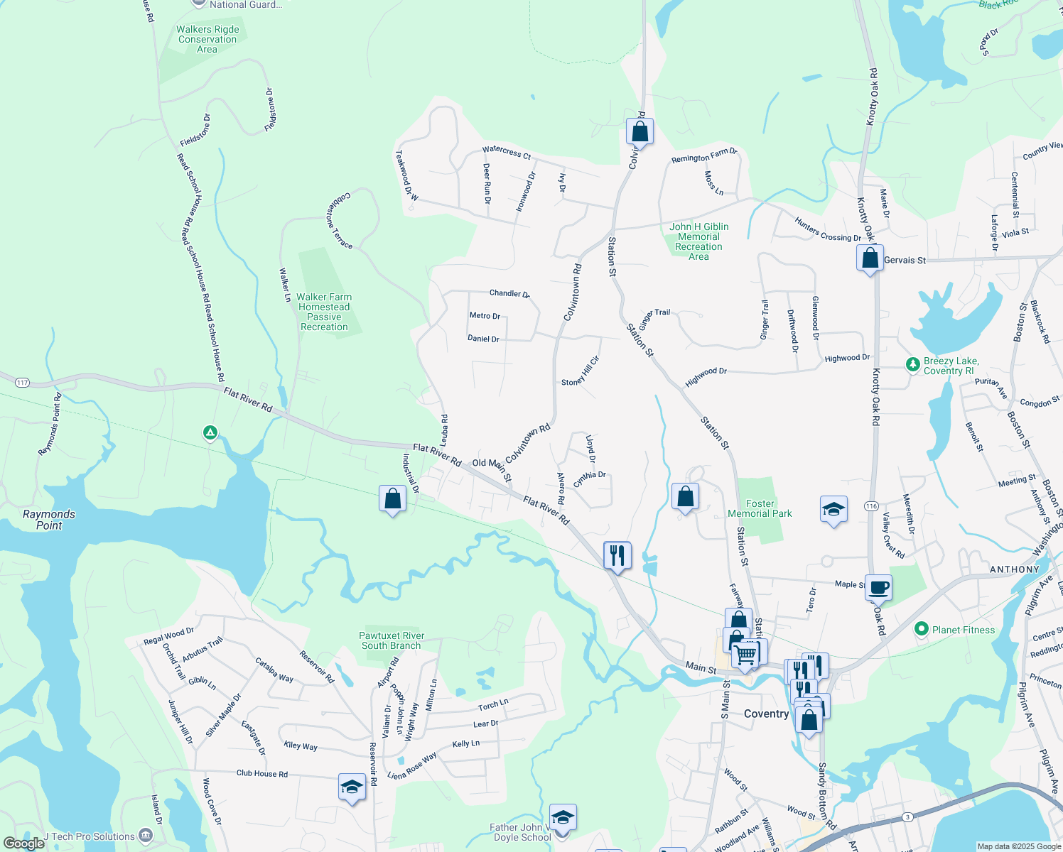 map of restaurants, bars, coffee shops, grocery stores, and more near 12 Colvintown Road in Coventry