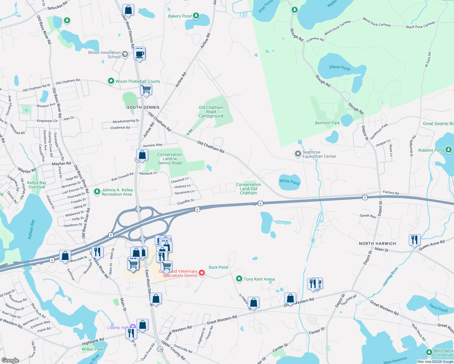 map of restaurants, bars, coffee shops, grocery stores, and more near 67 Cyprus Rd in Dennis