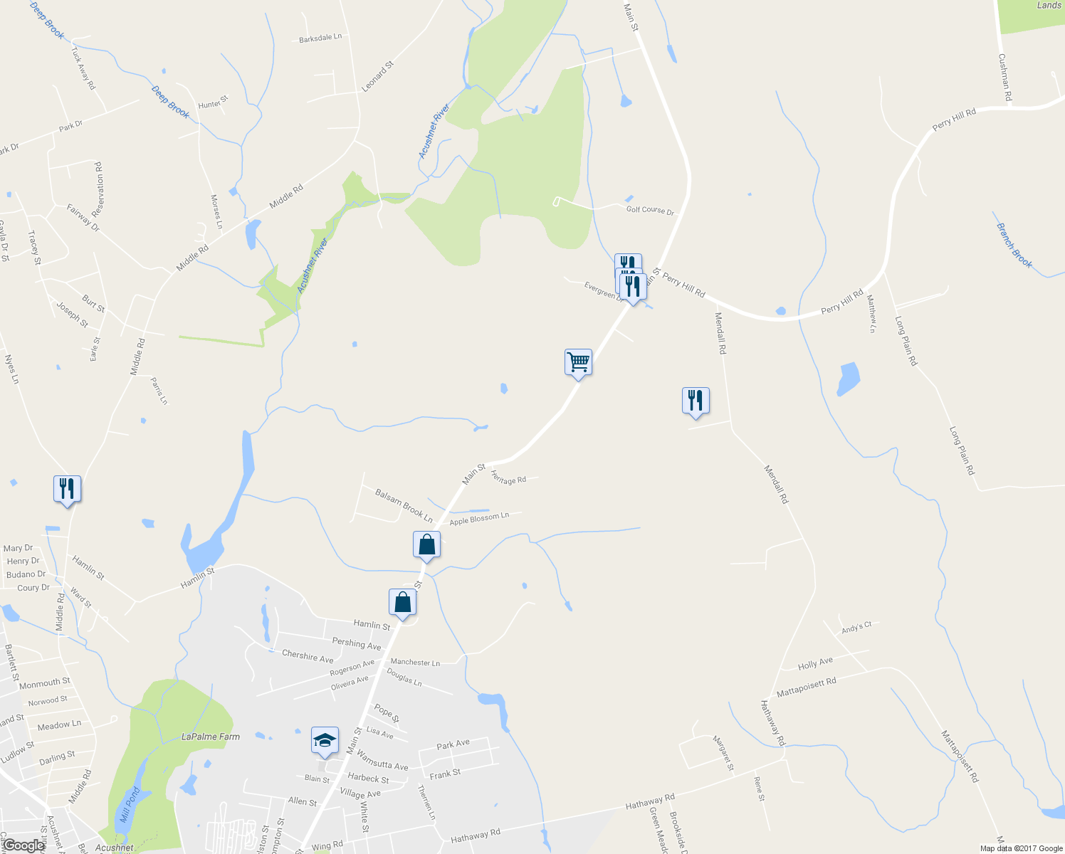 map of restaurants, bars, coffee shops, grocery stores, and more near 497 Main Street in Acushnet