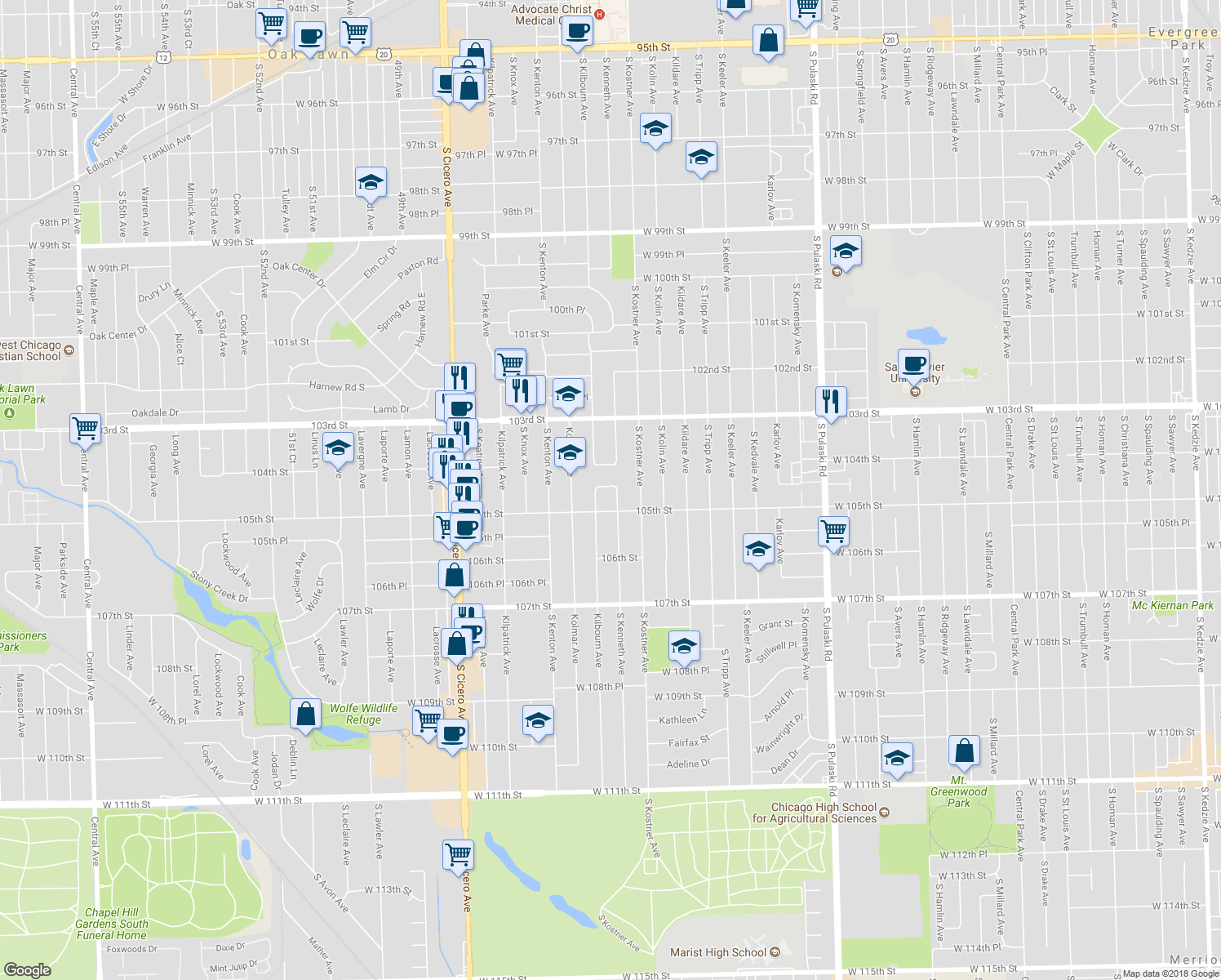 map of restaurants, bars, coffee shops, grocery stores, and more near 10428 South Kenneth Avenue in Oak Lawn