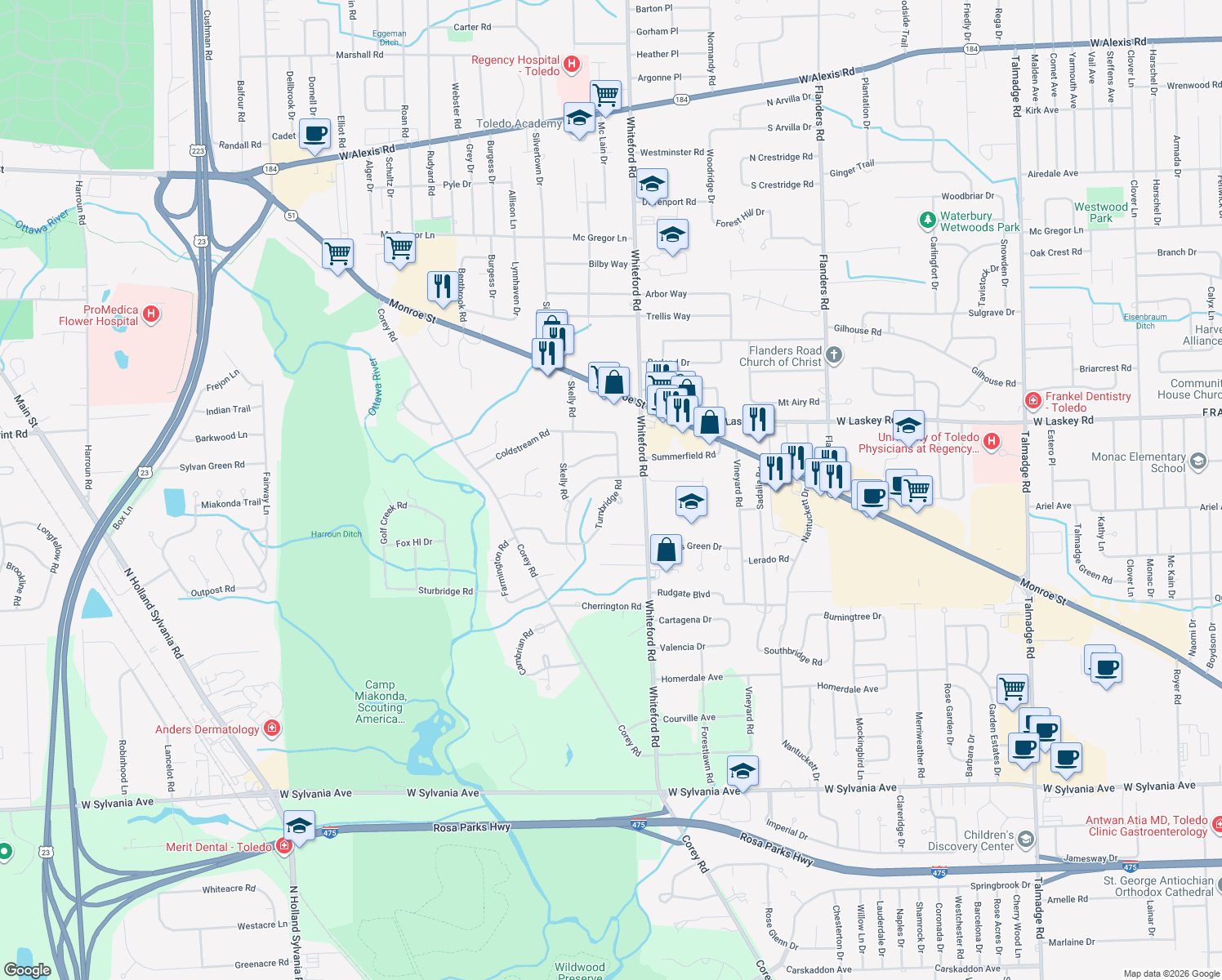 map of restaurants, bars, coffee shops, grocery stores, and more near 4835 Turnbridge Road in Toledo