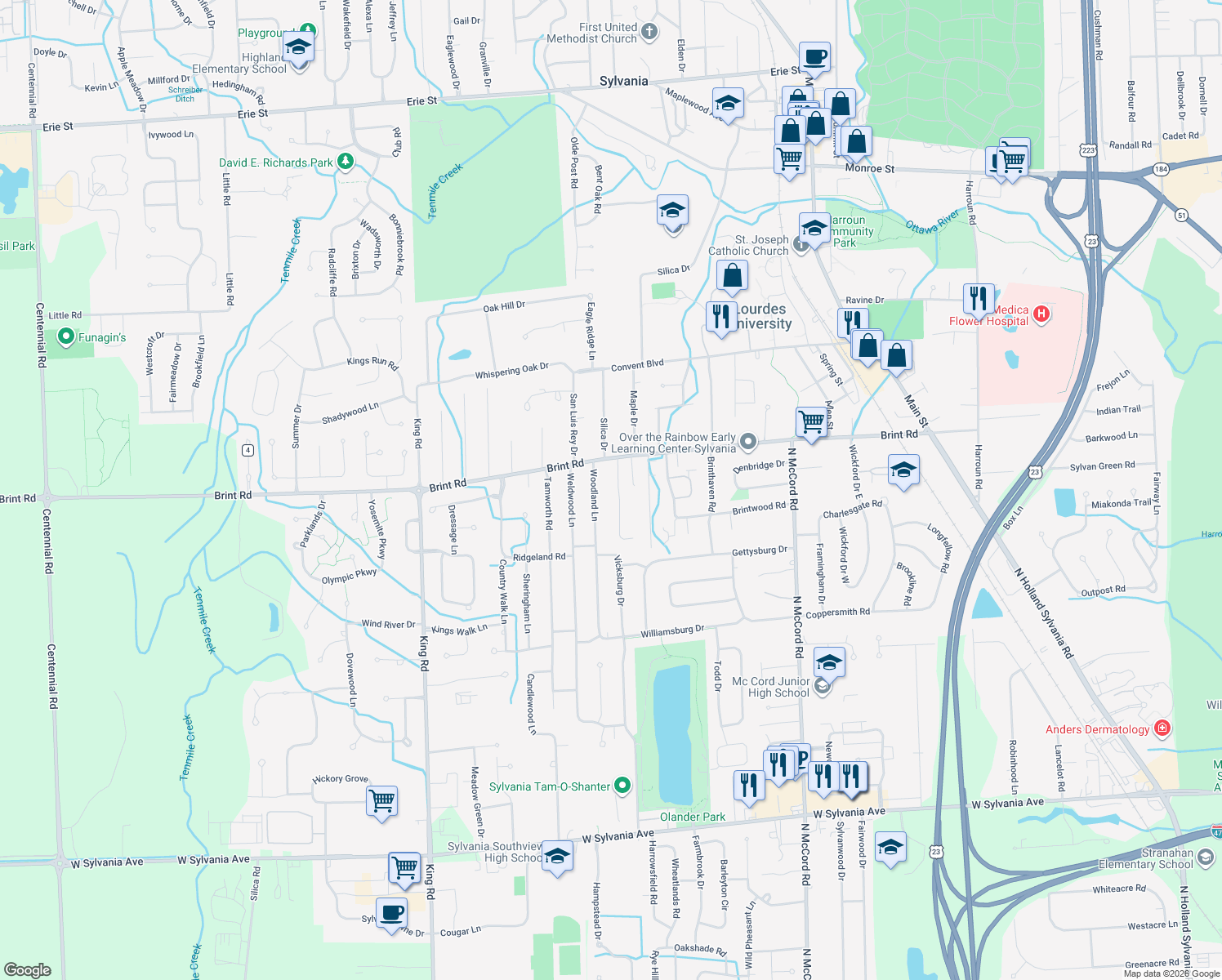 map of restaurants, bars, coffee shops, grocery stores, and more near 4917 Westcliffe Court in Sylvania