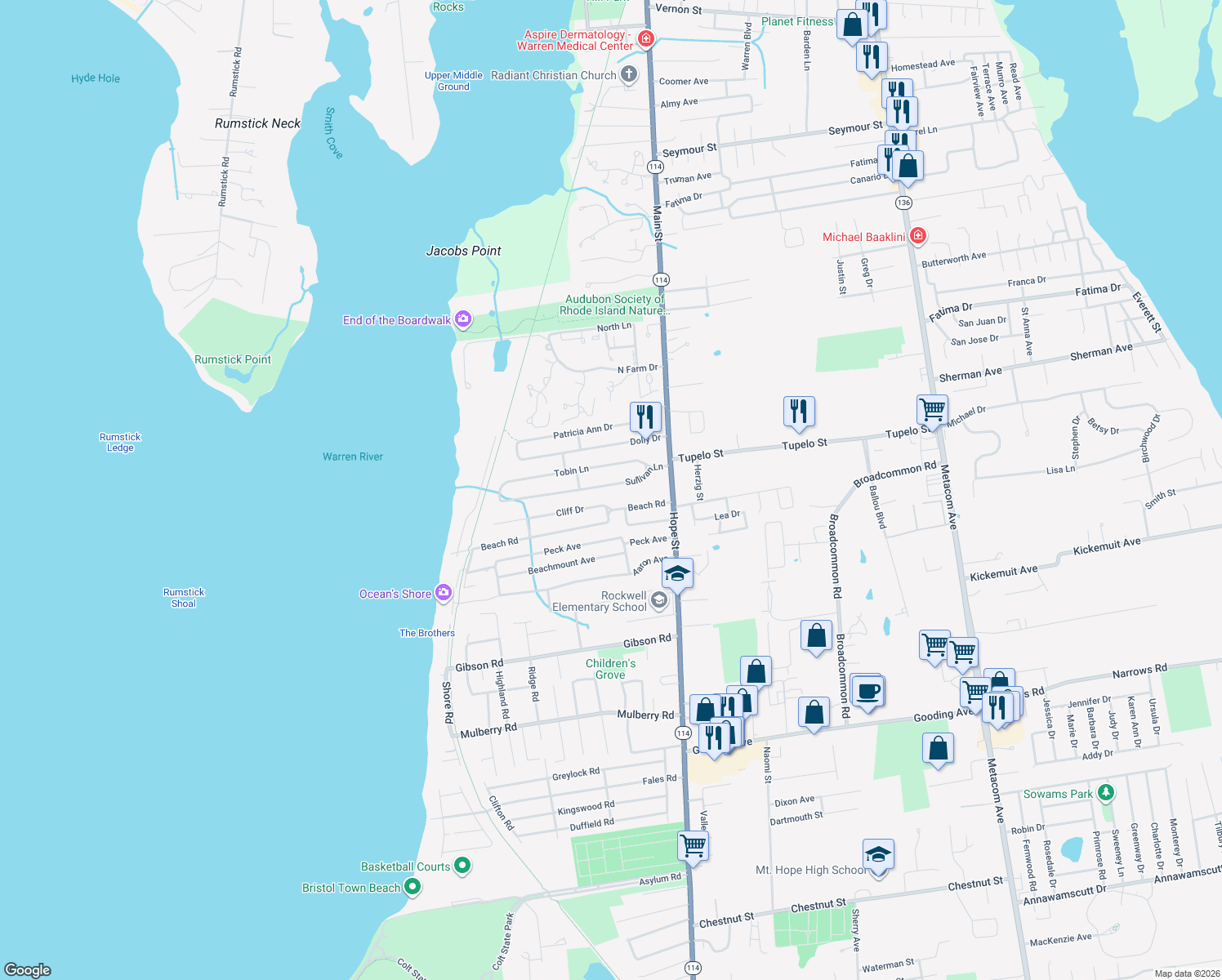 map of restaurants, bars, coffee shops, grocery stores, and more near 14 Sullivan Ln in Bristol