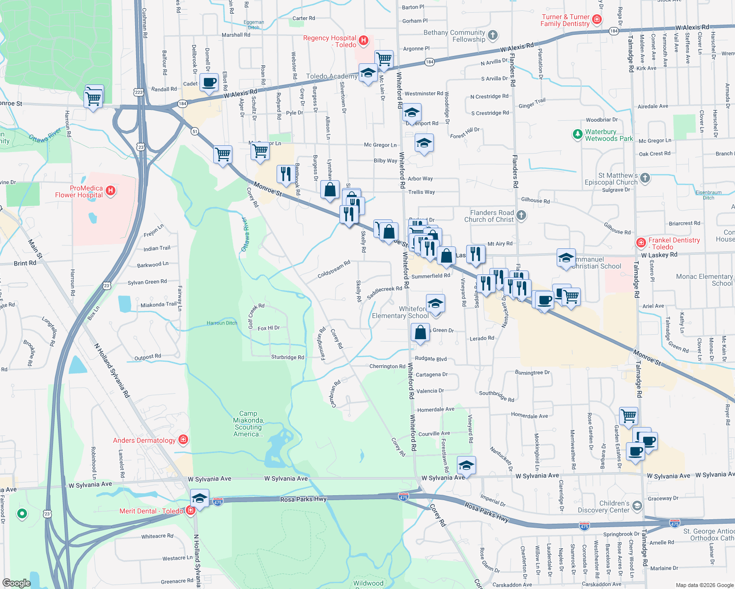 map of restaurants, bars, coffee shops, grocery stores, and more near 5224 Saddlecreek Road in Toledo