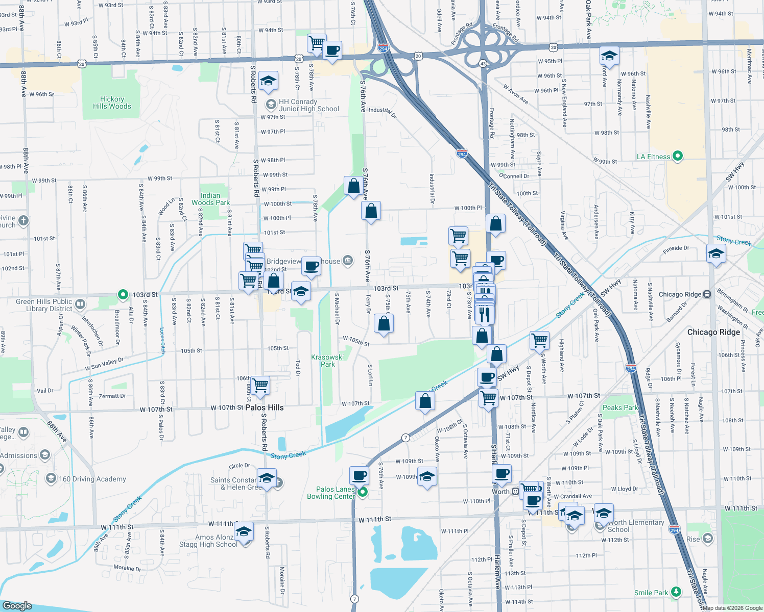 map of restaurants, bars, coffee shops, grocery stores, and more near 10330 South 75th Court in Palos Hills