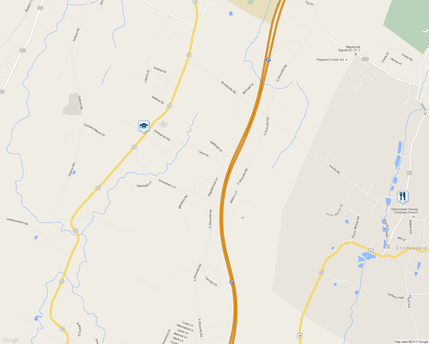 map of restaurants, bars, coffee shops, grocery stores, and more near 15 Maplebrook Ln in New Paltz