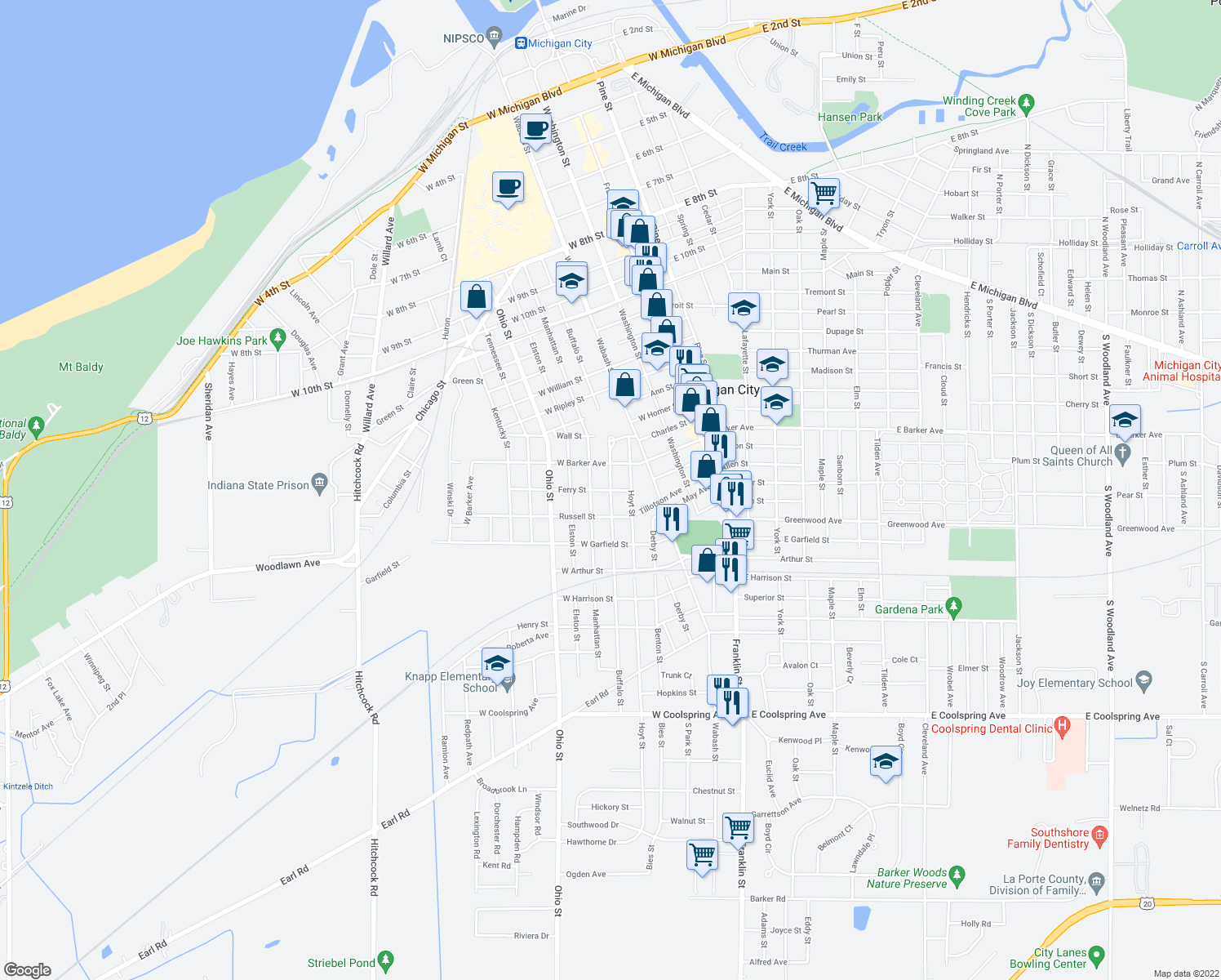map of restaurants, bars, coffee shops, grocery stores, and more near Buffalo Street in Michigan City