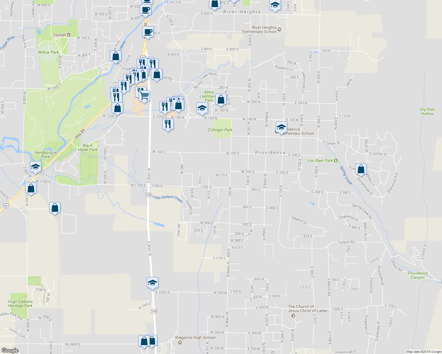 map of restaurants, bars, coffee shops, grocery stores, and more near 256 West 225 South in Providence
