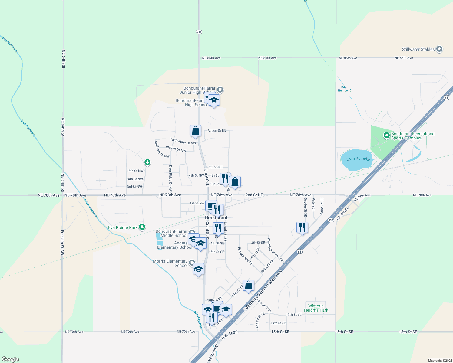 map of restaurants, bars, coffee shops, grocery stores, and more near 118 3rd Street Northeast in Bondurant