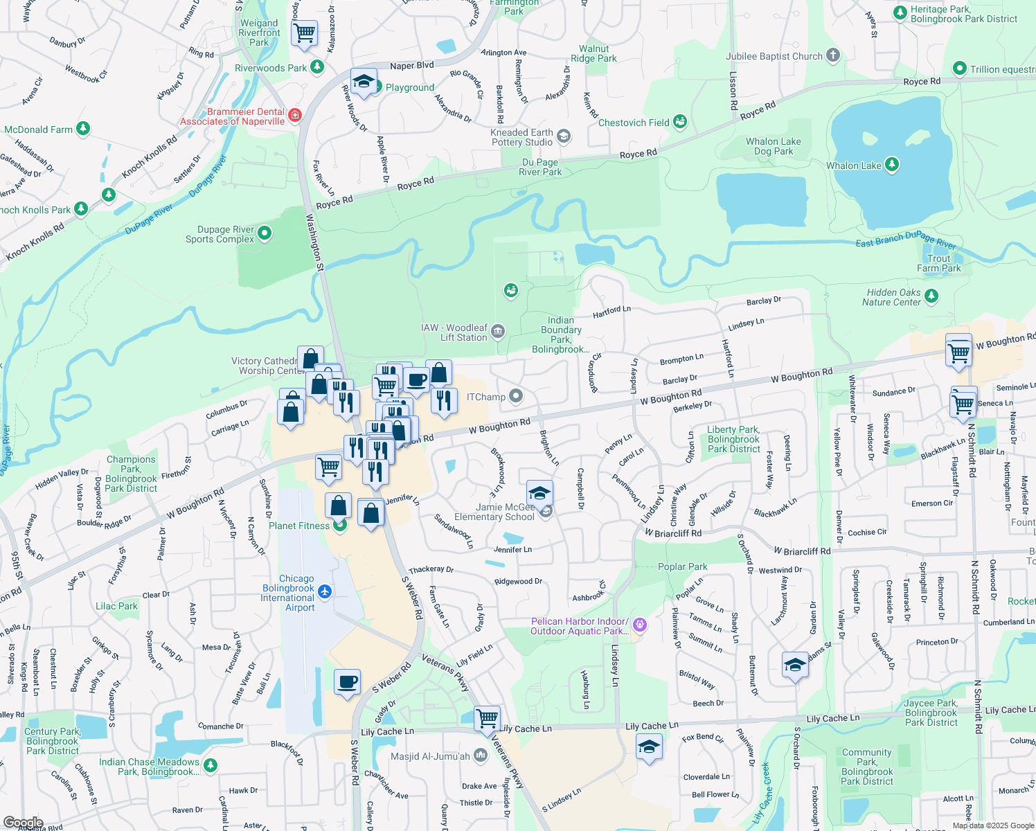 map of restaurants, bars, coffee shops, grocery stores, and more near 1071 Churchill Drive in Bolingbrook