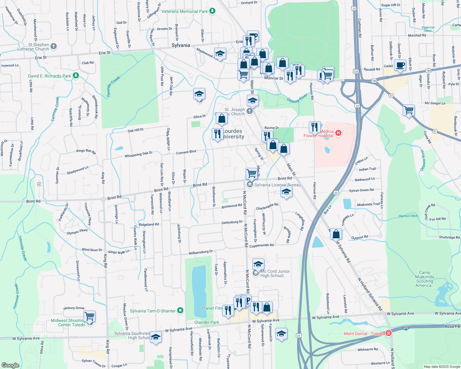 map of restaurants, bars, coffee shops, grocery stores, and more near 6751 Brint Rd in Sylvania