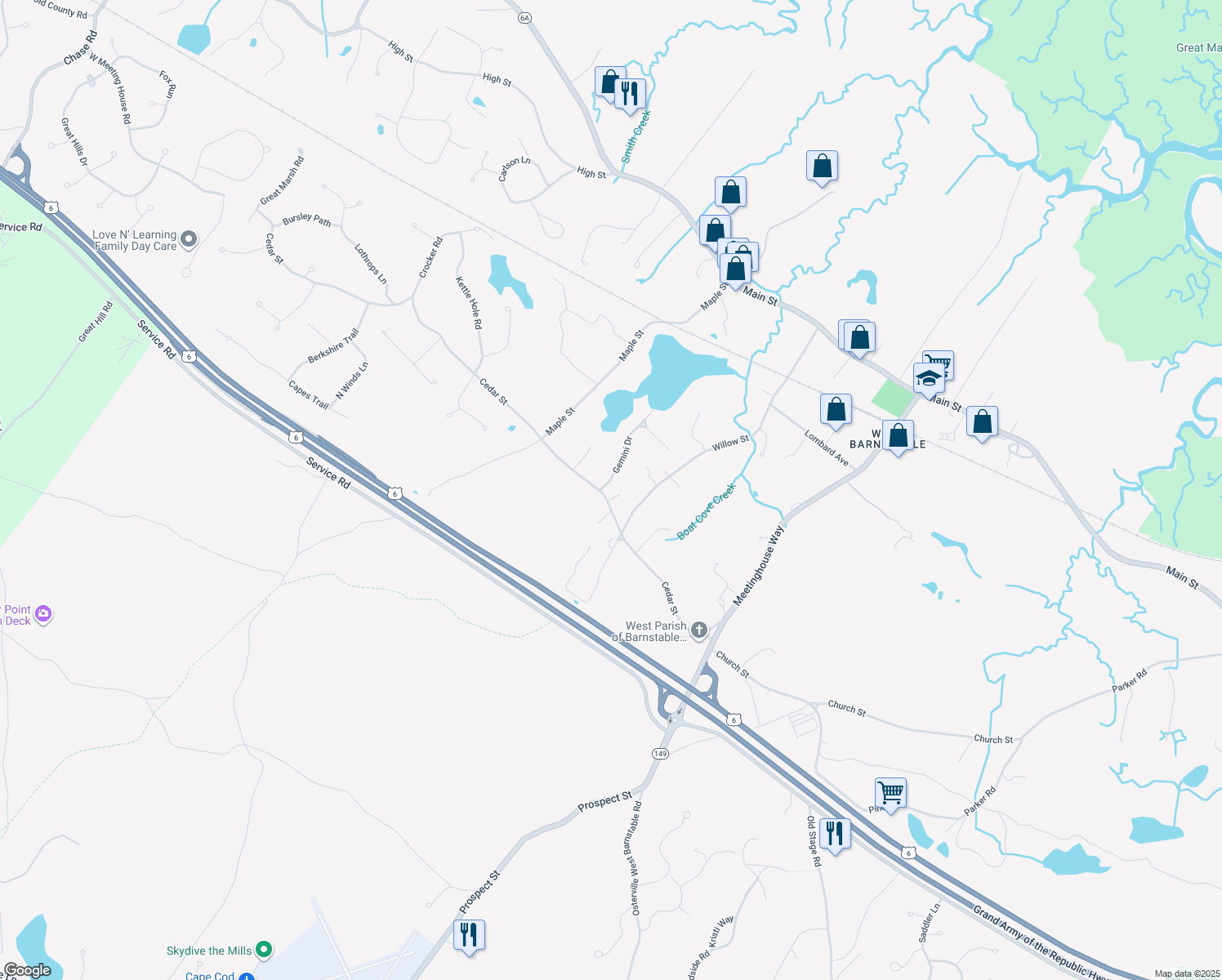 map of restaurants, bars, coffee shops, grocery stores, and more near 236 Cedar Street in Barnstable