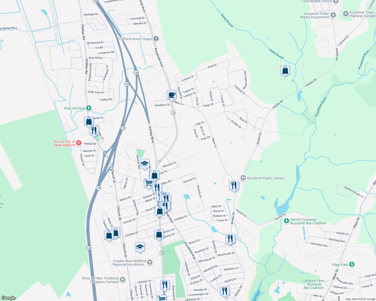 map of restaurants, bars, coffee shops, grocery stores, and more near 20 Rounseville Street in New Bedford