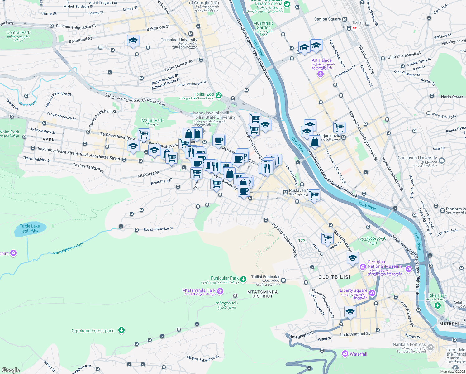 map of restaurants, bars, coffee shops, grocery stores, and more near Vasil Barnov Street in Tbilisi