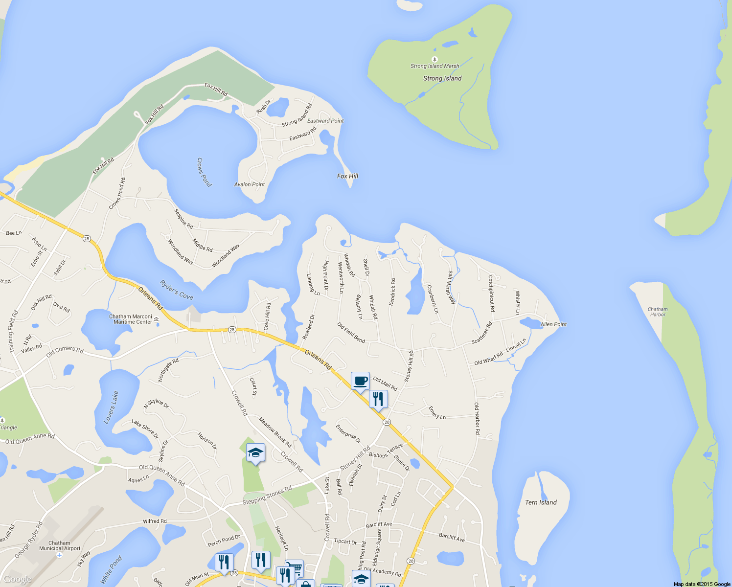 map of restaurants, bars, coffee shops, grocery stores, and more near 100 Bellamy Lane in Chatham