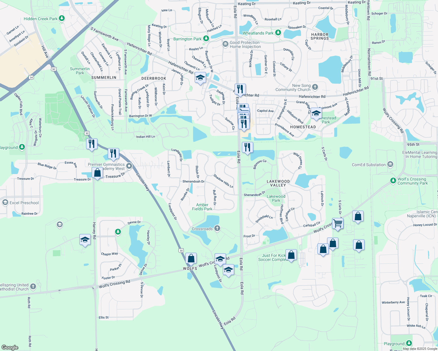 map of restaurants, bars, coffee shops, grocery stores, and more near 2320 Shadow Hills Ln in Aurora