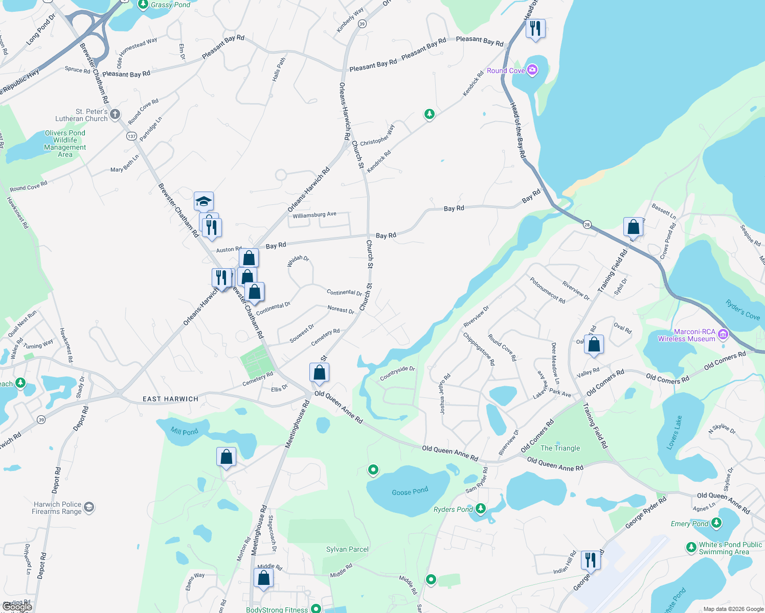 map of restaurants, bars, coffee shops, grocery stores, and more near 12 Deer Meadow Road in Harwich