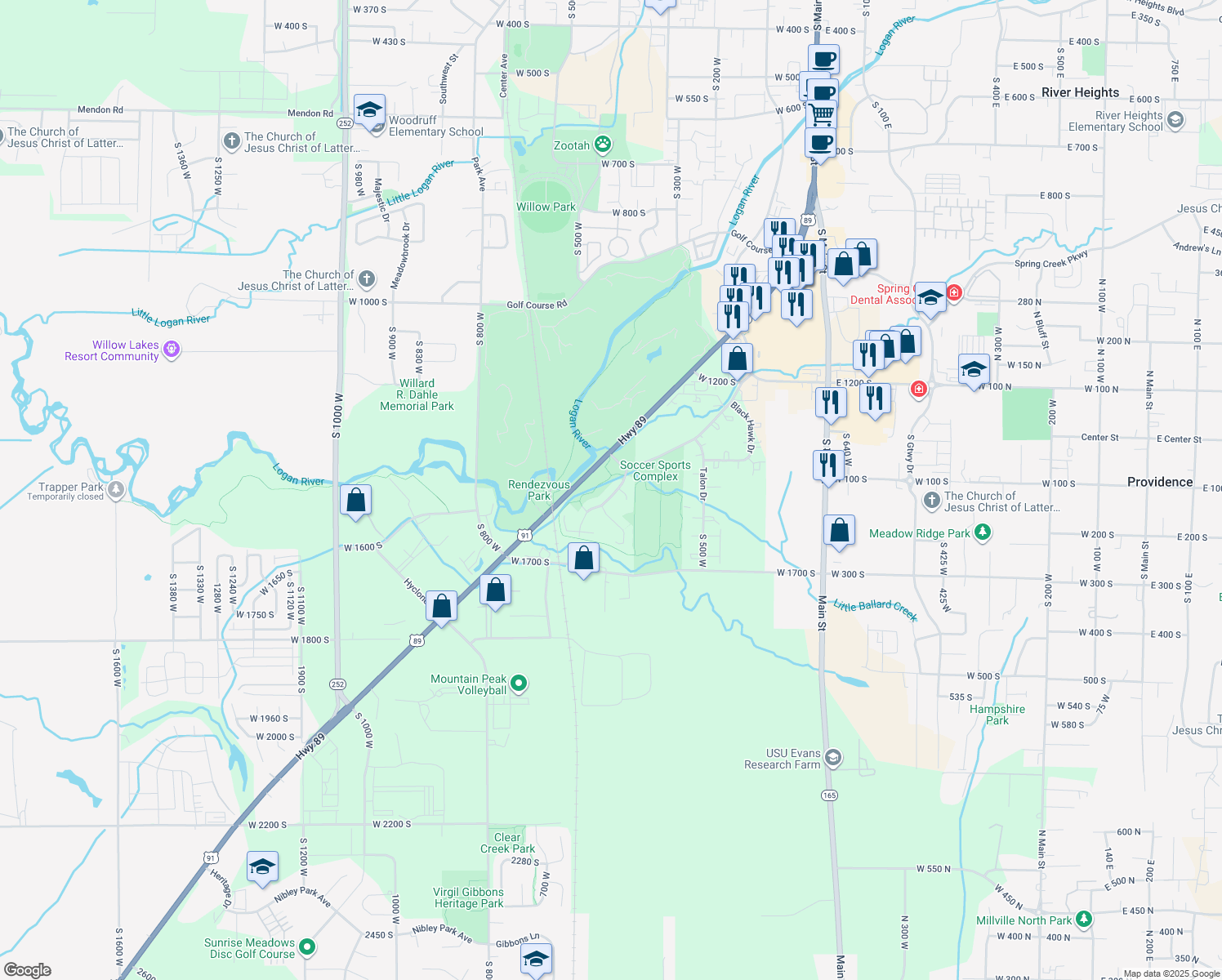 map of restaurants, bars, coffee shops, grocery stores, and more near 1343 Country Manor Dr in Logan
