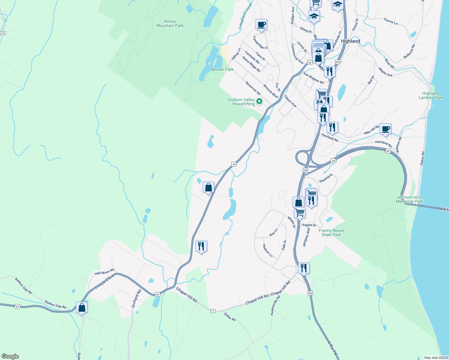 map of restaurants, bars, coffee shops, grocery stores, and more near 224 Vineyard Avenue in Highland