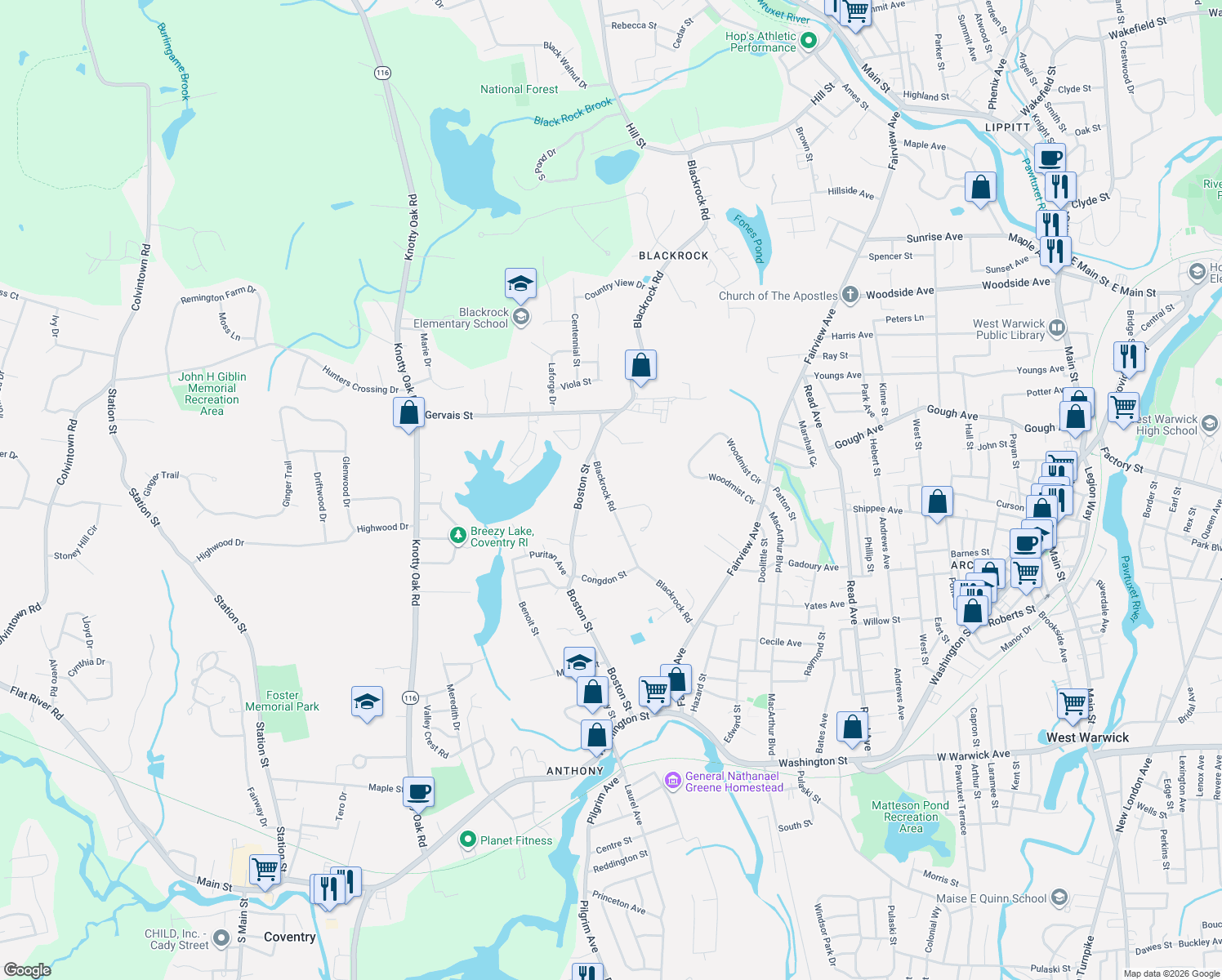 map of restaurants, bars, coffee shops, grocery stores, and more near 179 Blackrock Rd in Coventry