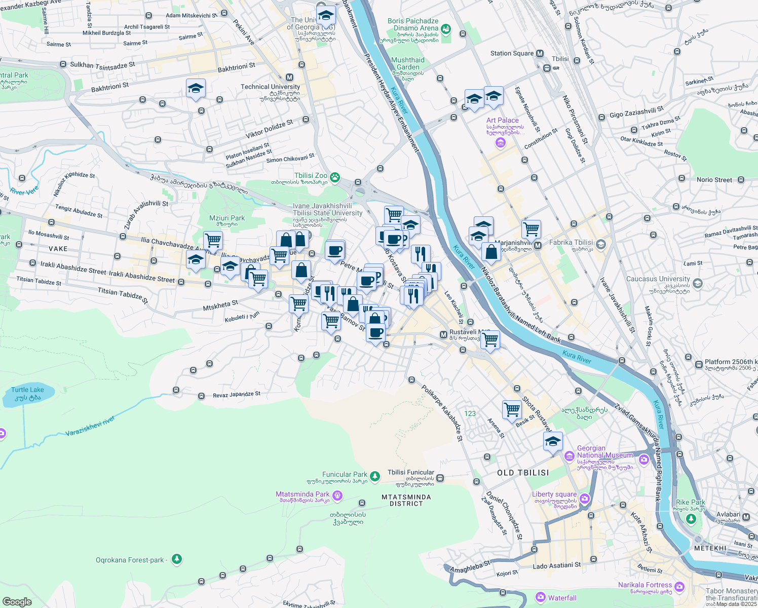 map of restaurants, bars, coffee shops, grocery stores, and more near Erekle Tatishvili Street in Tbilisi