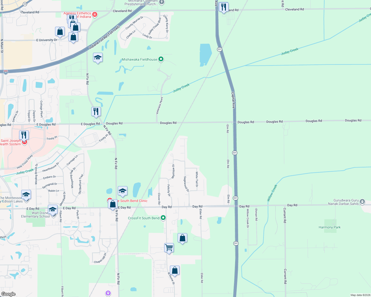 map of restaurants, bars, coffee shops, grocery stores, and more near 54228 Sagewood Dr in Mishawaka