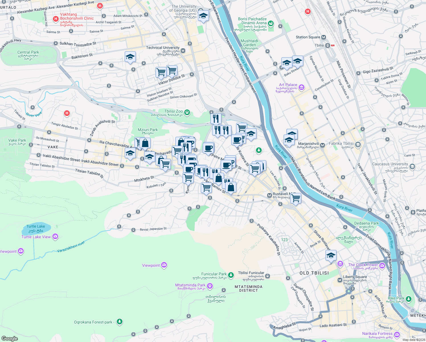 map of restaurants, bars, coffee shops, grocery stores, and more near Akaki Shanidze Street in Tbilisi