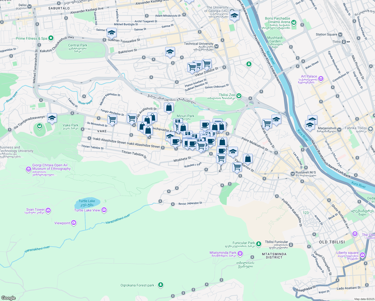 map of restaurants, bars, coffee shops, grocery stores, and more near 88 Zakaria Paliashvili Street in T'bilisi