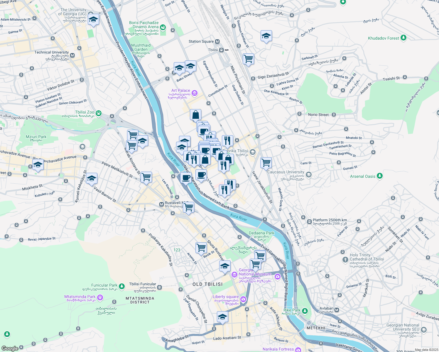 map of restaurants, bars, coffee shops, grocery stores, and more near 4 Dodo Abashidze Street in Tbilisi