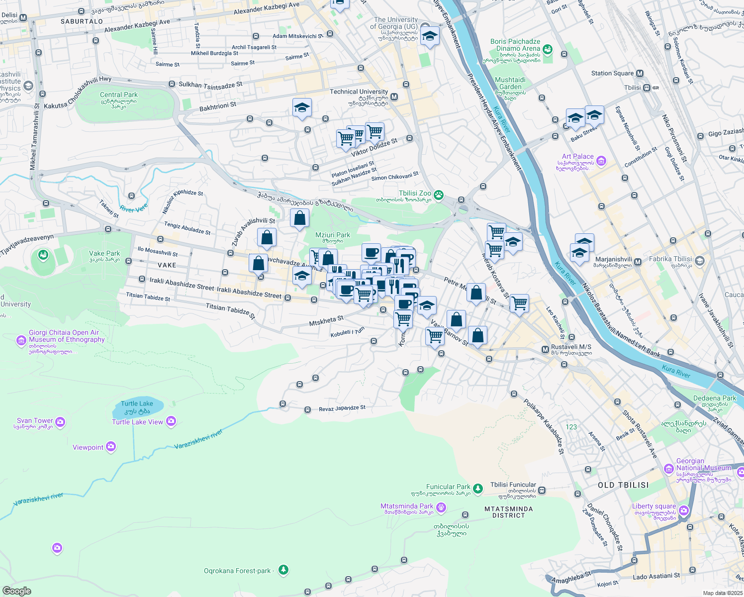 map of restaurants, bars, coffee shops, grocery stores, and more near Mrgvali Baghi Square in Tbilisi